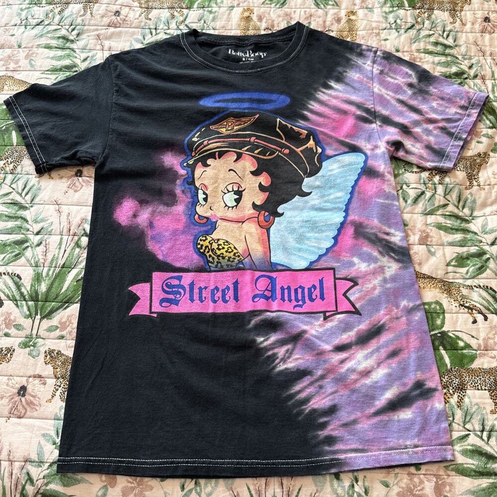 Betty Boop Shirt Street Angel Tee Small Black Tie Dye Purple Comfort Stretch Top